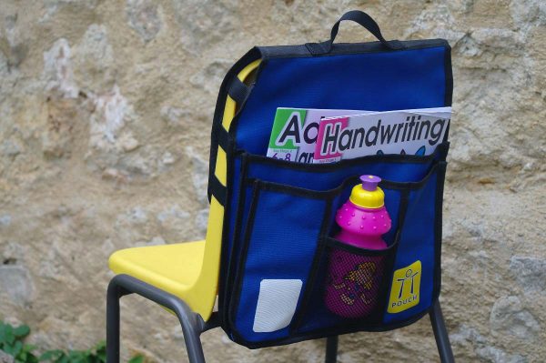 OTT Pouch chair bag strapped to chair back-Pink water bottle in outside compartment
