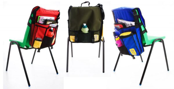 OTT Satchel and OTT chair bags strapped to 3 separate chair backs